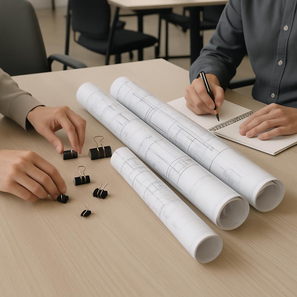 Two people sitting at a table with rolled-up blueprints and office supplies.