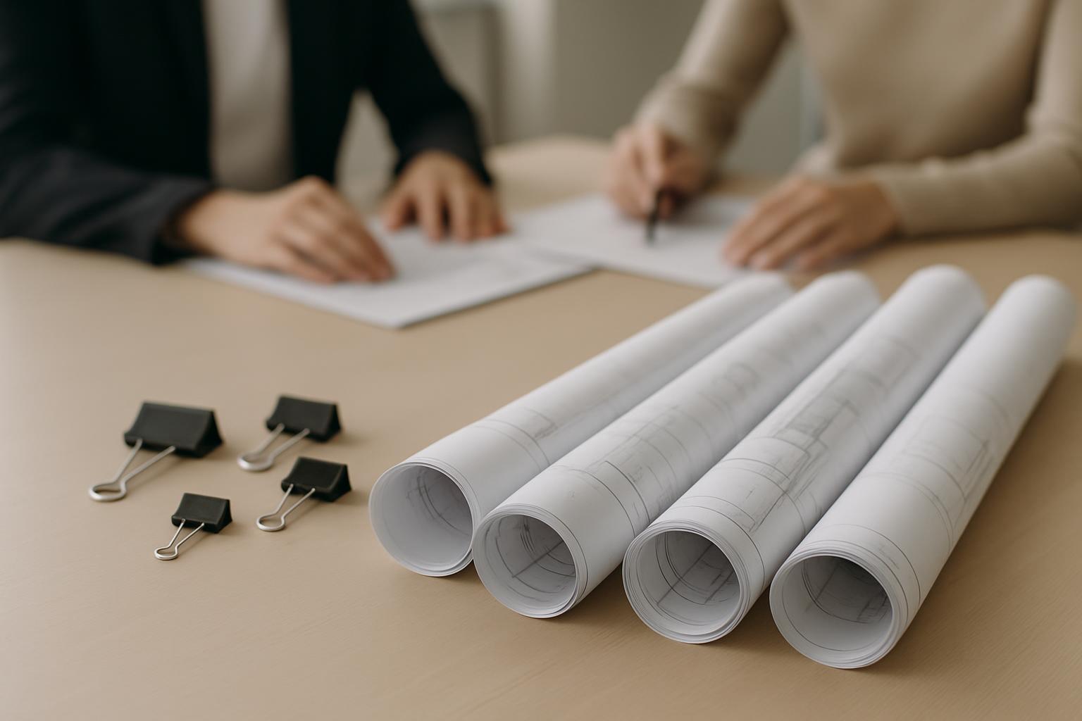 Three architecture blueprints in tubes, with people in the background working with pieces of paper.